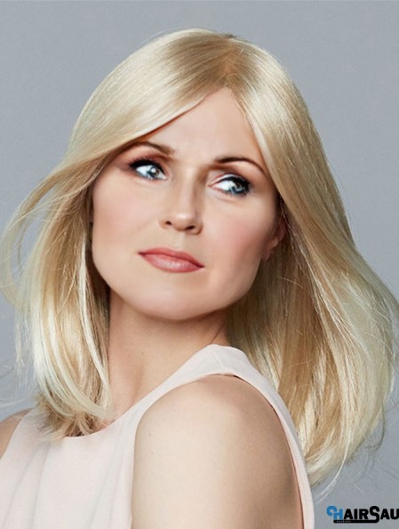 Without Bangs Synthetic Blonde Straight Natural Monofilament Wigs Medium Length