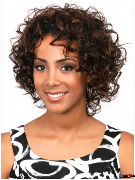 Curly Brazilian Remy Hair Brown Chin Length Sassy 3/4 Wigs