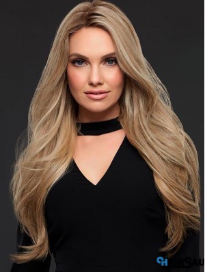 Good Blonde Long Wavy Without Bangs Human Hair Women Mono Wigs