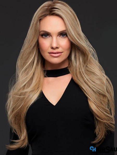 Good Blonde Long Wavy Without Bangs Human Hair Women Mono Wigs