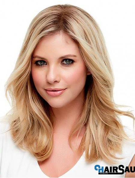 Human Hair Wavy Blonde With Monofilament Blonde Color Shoulder Length