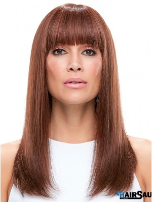 100% Hand Tied Auburn Long Straight With Bangs Wigs For Women