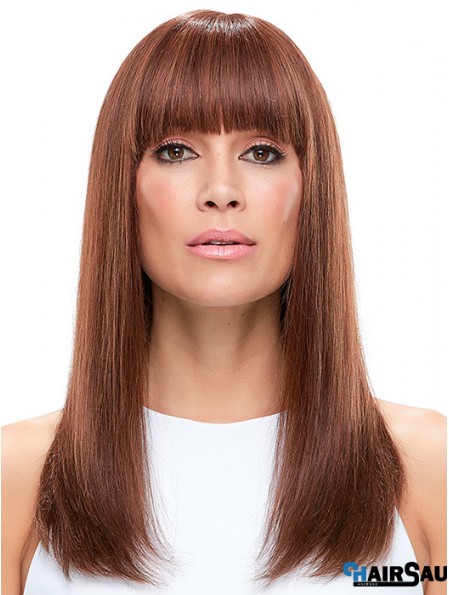 100% Hand Tied Auburn Long Straight With Bangs Wigs For Women