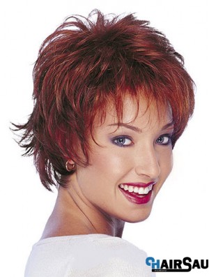 Wavy Human Hair Wigs Short Length Red Color