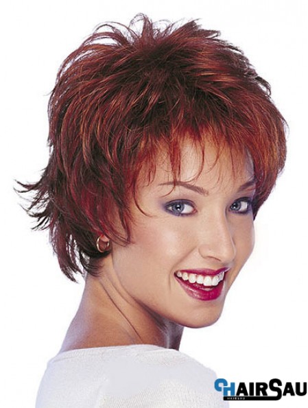 Wavy Human Hair Wigs Short Length Red Color