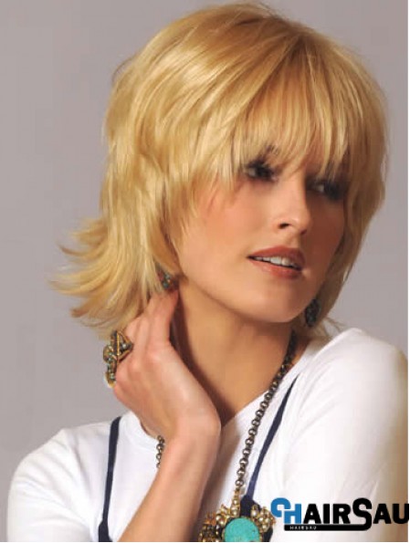 Human Hair Wavy Wigs Blonde Color Wavy Style With Capless