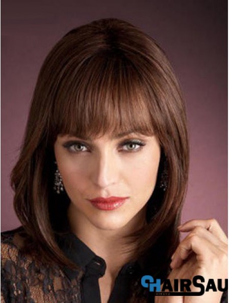 Light Auburn Human Wigs With Bangs Capless Straight Style Shoulder Length