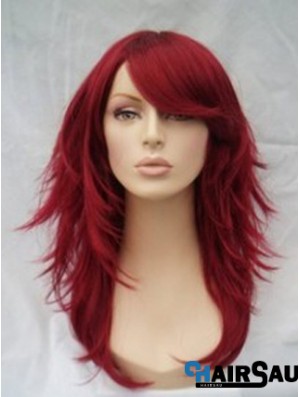 Red Human Hair Wigs Full Wig With Bangs Wavy Style Shoulder Length