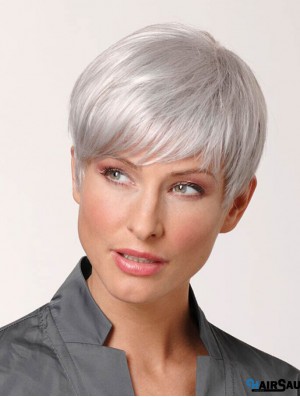 Grey Human Hair Cropped Length Straight Wigs AU