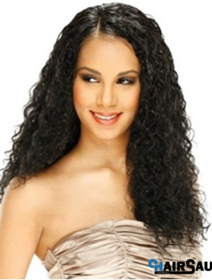 Human Hair Lace Front Wig Curly Style Long Length Black Color