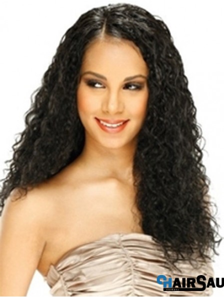 Human Hair Lace Front Wig Curly Style Long Length Black Color