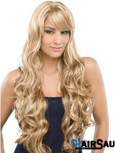 Long 100% Hand Tied Wavy With Bangs Monofilament Lace Front Wigs