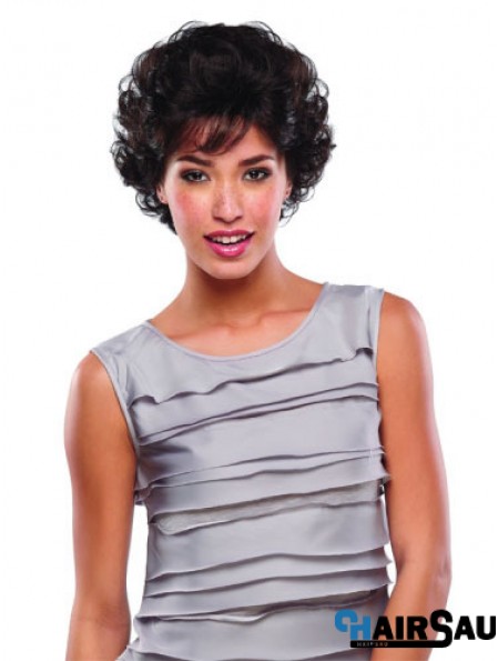 Short Curly Human Hair Lace Wigs Brown Color Classic Cut