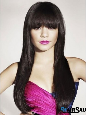 Black Human Hair With Bangs Long Length Straight Style