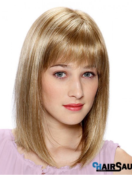 Lace Front Human Hair Wigs Blonde Color Shoulder Length With Bangs