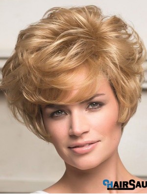 Human Hair Front Lace Wigs Short Length Wavy Style Layered Cut