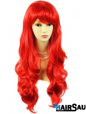 Hot Sale Human Hair Long Wavy With Bangs 24 Inches Red Wigs 