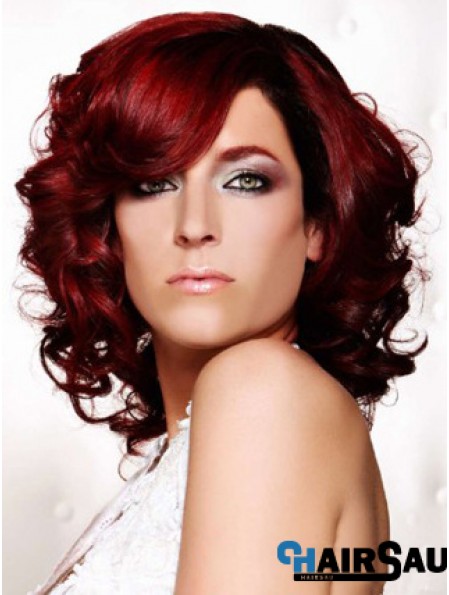 Curly With Bangs Shoulder Length Red Ideal Lace Front Wigs