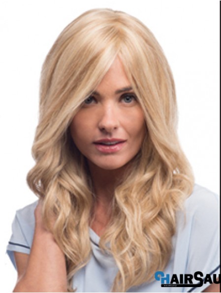 Mono Wigs With Remy Blonde Color Wavy Style With Bangs