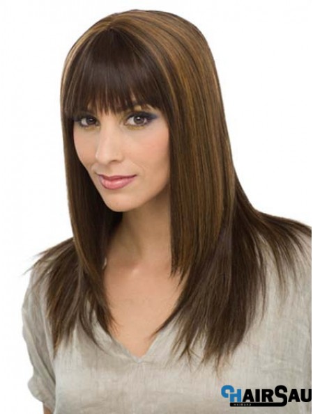 With Bangs Modern Straight Brown Long Human Hair Wigs