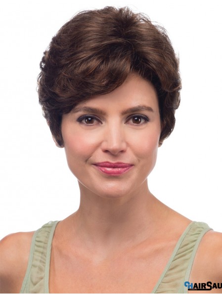 8 inch Brown Short With Bangs Wavy High Quality Lace Wigs