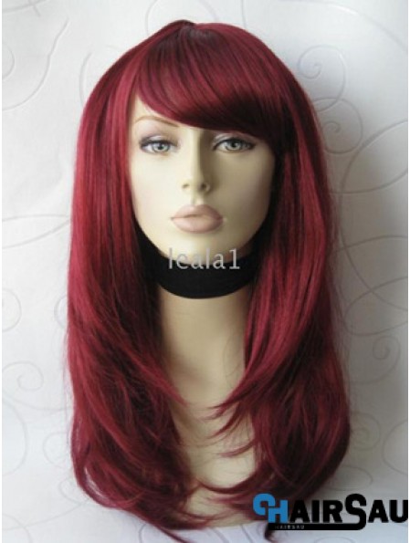 Front Lace Wig With Bangs Long Length Straight Style Red Color