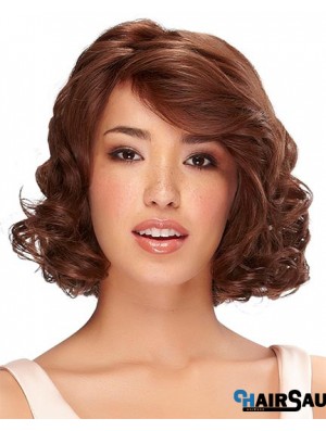 Chin Length Auburn Curly With Bangs Monofilament Wig Human