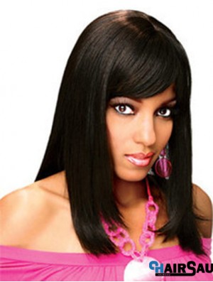 Full Human Hair Wigs With Bangs Full Lace Shoulder Length Black Color