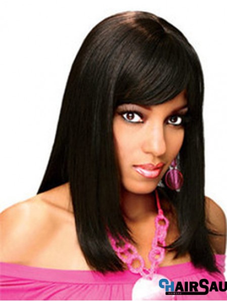 Full Human Hair Wigs With Bangs Full Lace Shoulder Length Black Color