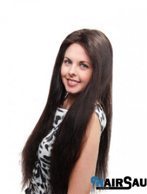 Straight Without Bangs 100% Hand-tied Sleek 26 inch Black Long Wigs