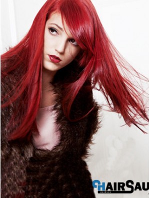 20 inch Straight Capless With Bangs Human Hair Long Red Wig