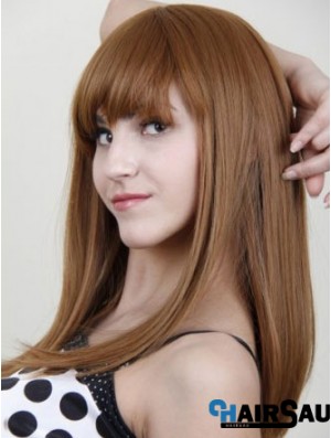 With Bangs Stylish Straight Auburn Long Human Hair Wigs