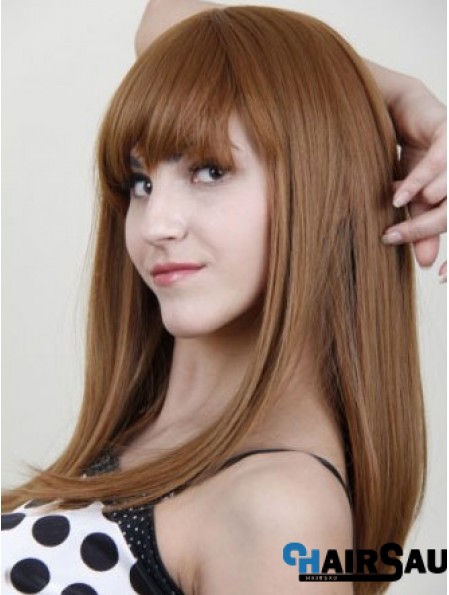 With Bangs Stylish Straight Auburn Long Human Hair Wigs