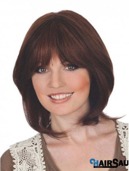 Suitable 12 inch Auburn Chin Length With Bangs Straight Lace Wigs