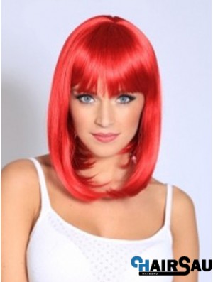 Straight With Bangs Shoulder Length Red Fashionable Lace Front Wigs