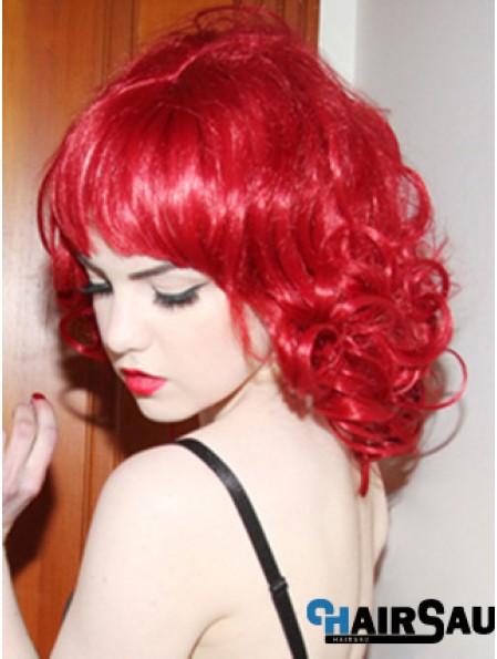 Curly With Bangs Shoulder Length Red Convenient Lace Front Wigs