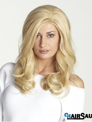 Without Bangs Long Blonde Wavy 18 inch Perfect Human Hair Wigs