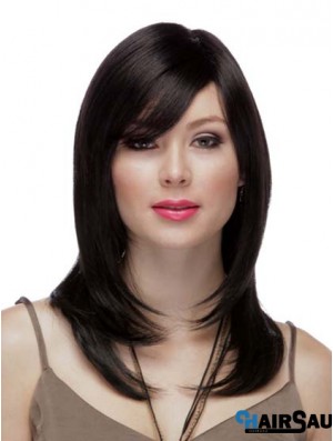 Straight Layered 100% Hand-tied High Quality 16 inch Black Long Wigs