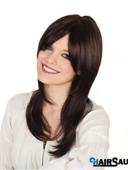 With Bangs Long Brown Wavy 16 inch Durable Human Hair Wigs