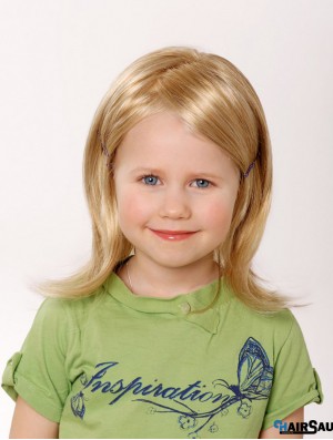 100% Hand-tied 12 inch Straight Shoulder Length Without Bangs Blonde Remy Human Hair Wigs For Kids