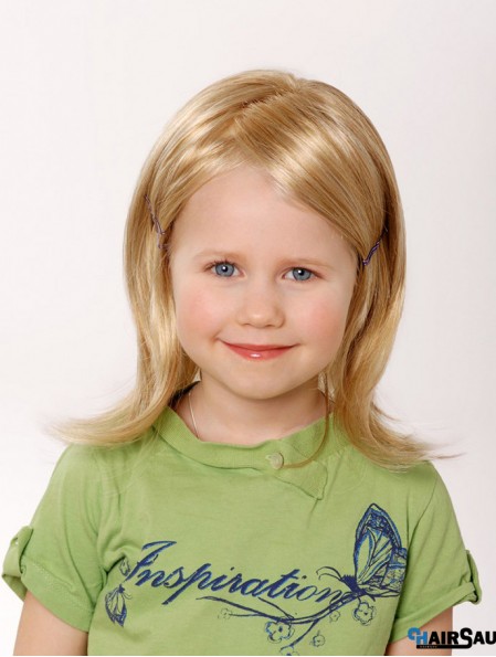 100% Hand-tied 12 inch Straight Shoulder Length Without Bangs Blonde Remy Human Hair Wigs For Kids