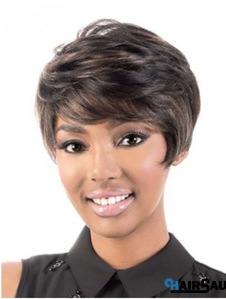 Short Capless Brown Wavy With Bangs Black Woman Human Hair