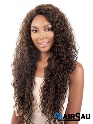 Long Brown Kinky Without Bangs Durable African American Wigs