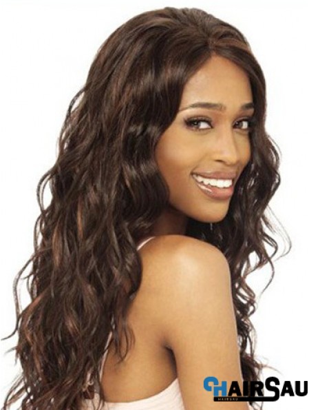 Without Bangs Modern Wavy Brown Long Human Hair Lace Front Wigs