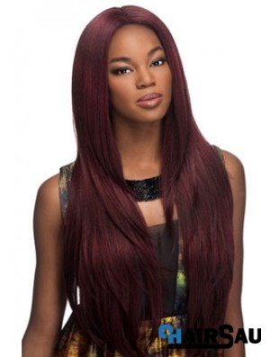 Suitable Red Long Without Bangs Yaki Glueless Lace Front Wigs