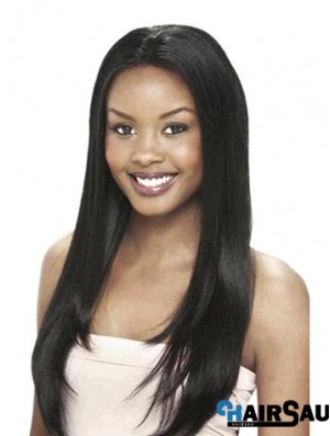 Without Bangs Designed Yaki Black Long Human Hair Lace Front Wigs