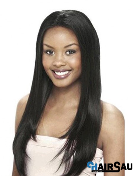 Without Bangs Designed Yaki Black Long Human Hair Lace Front Wigs