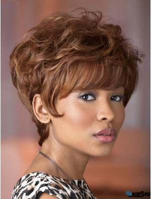 Short Brown Wavy With Bangs Suitable African American Wigs