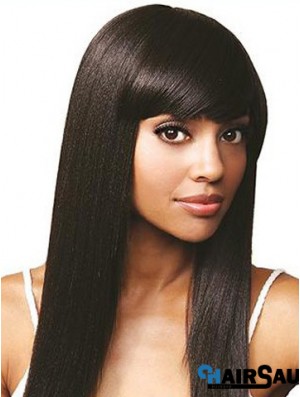 With Bangs Online Straight Black Long Human Hair Lace Front Wigs