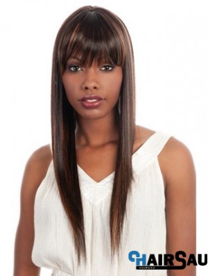 Long Brown Yaki With Bangs Fashionable African American Wigs